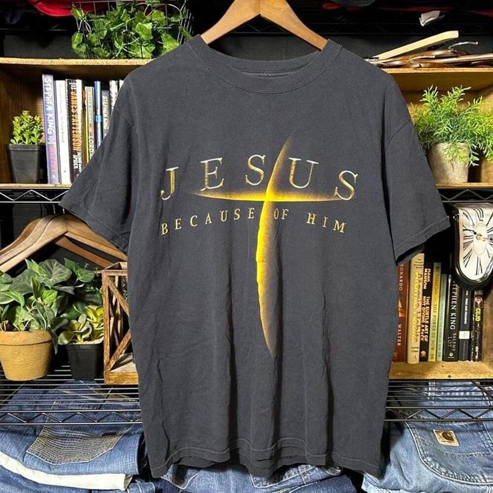Vintage 90s Jesus Tee Black and Gold “Because of Him” Christianity God Shirt